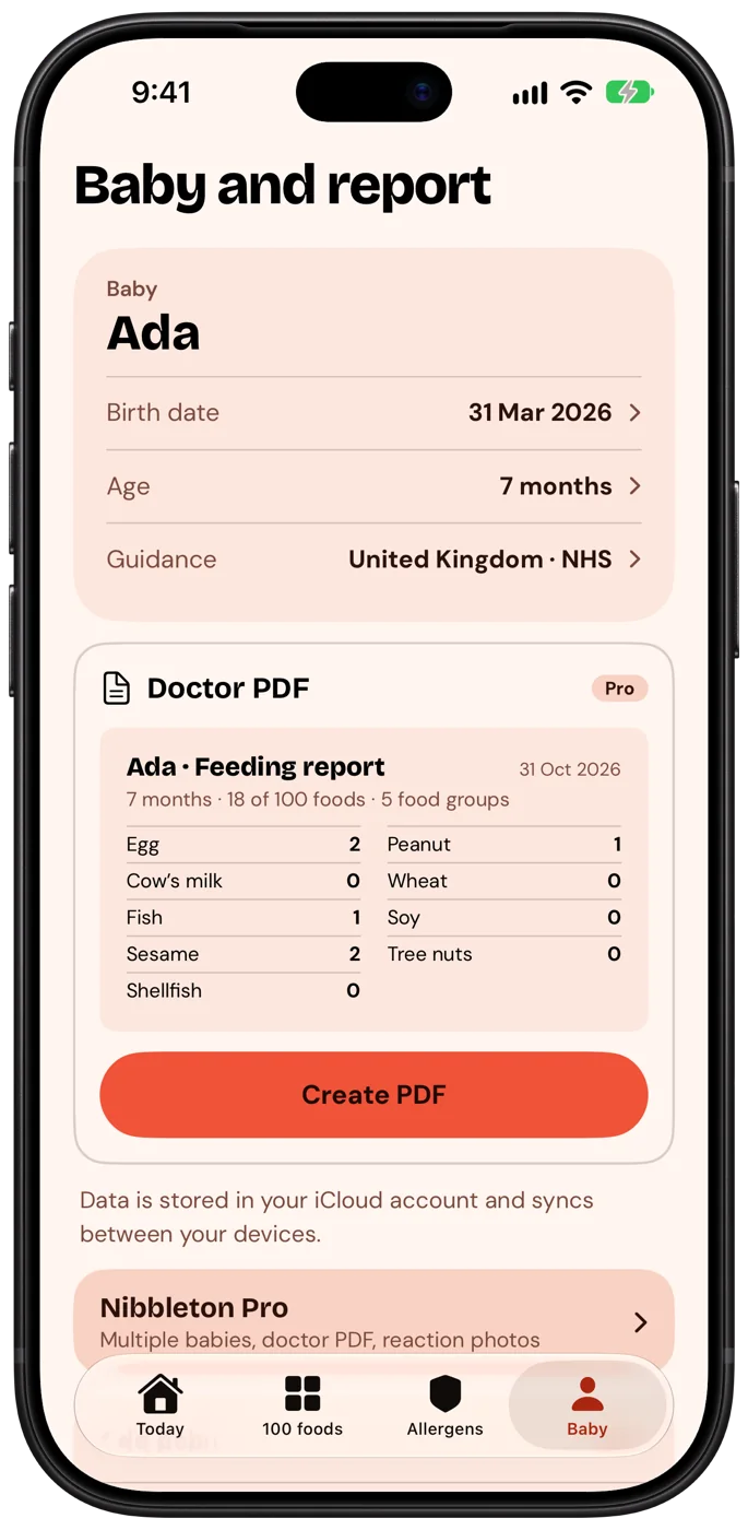 Baby and report screen with the doctor PDF preview